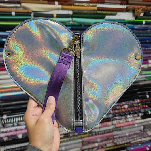 Holo Pewter Cute Heart Pouch/Wristlet (READY TO SHIP)